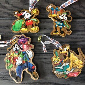 Original Disney MICKEY MOUSE WOOD Christmas Ornament Set Goofy Minnie Pluto